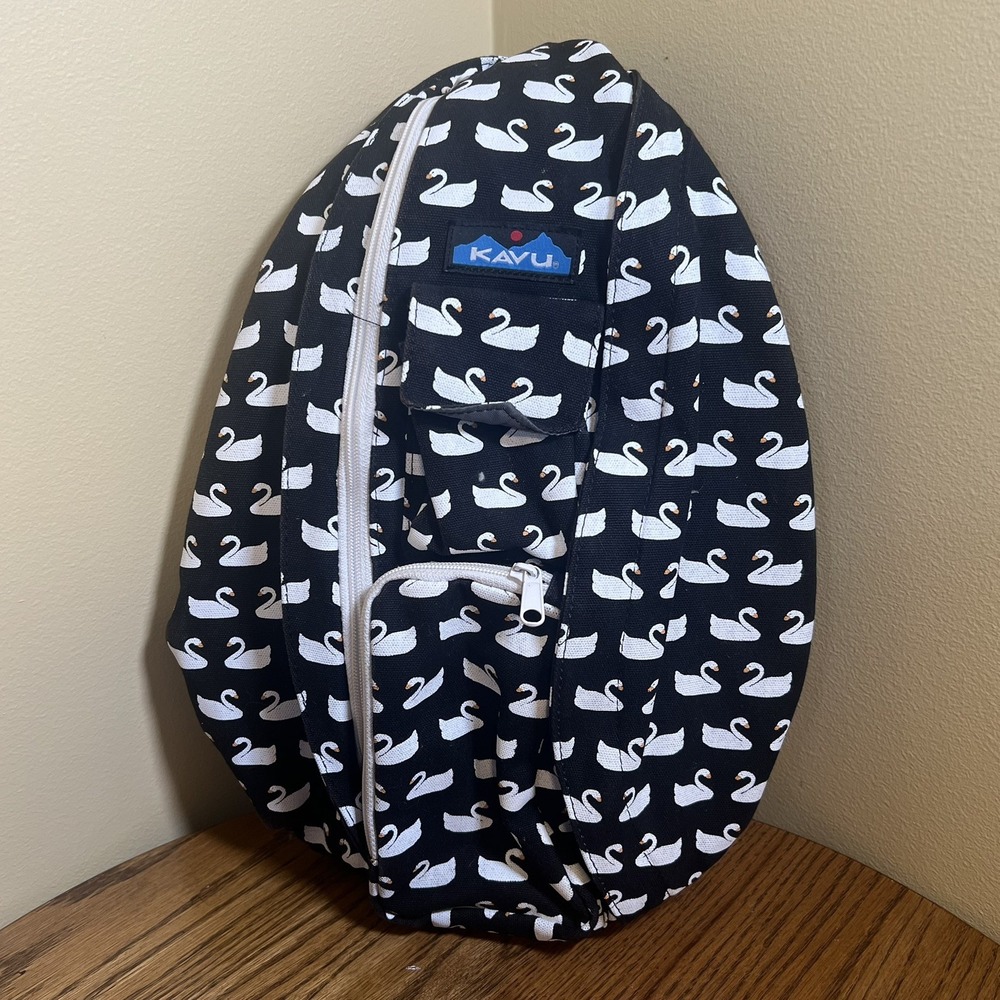 KAVU Rope Bag Sling Backpack SWAN LOVE Black White Bird Rare Discontinued Print